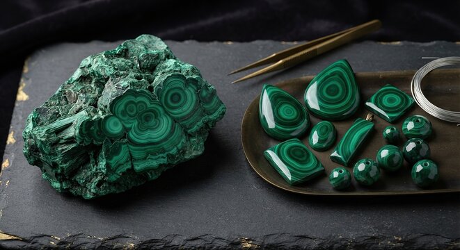 Beautiful green malachite gemstones and polished mineral pieces displayed against a dark background, highlighting their distinctive natural banded patterns and rich green colors.