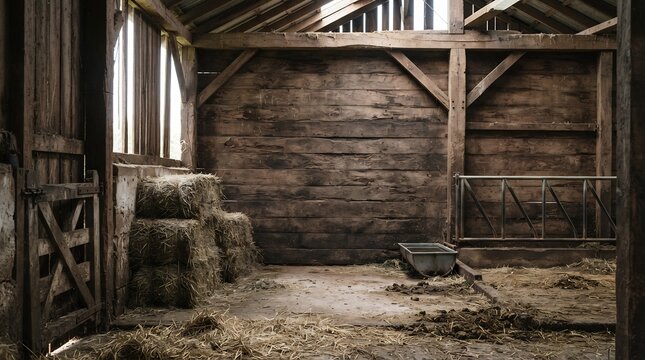 Rustic Livestock Barn Interior with Hay Bales and Timber Beams