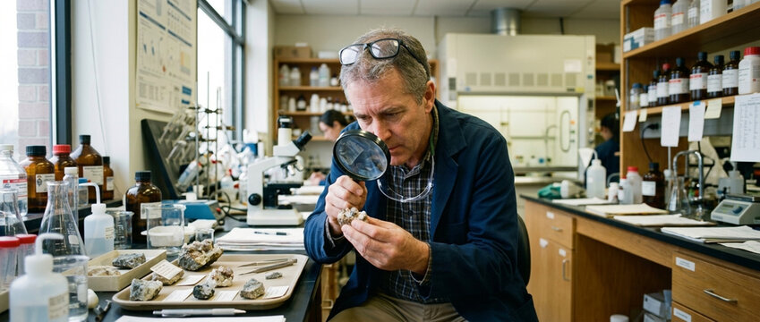 Scientist Examining Rocks with Magnifying Glass in Laboratory Setting