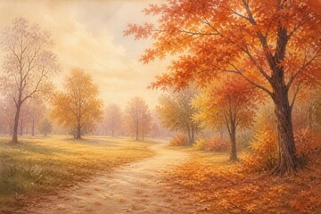 Fototapeta premium Golden autumn forest path beneath colorful maple trees