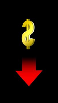 Rotating golden dollar icon with Red arrows moving down on a vertical transparent background. Abstract animation symbolizing financial crisis, market crash, recession, and economic decline