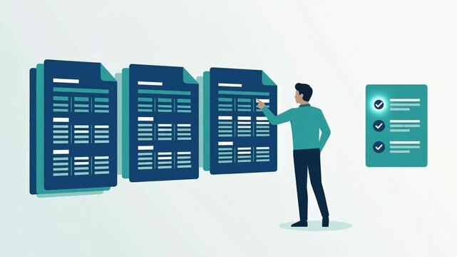 AI-generated report review concept with long document and condensed summary panel, animated motion graphic