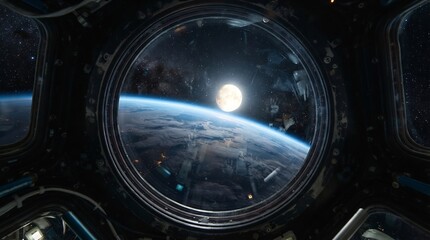 Fototapeta premium Moon Rising Over Earth Seen Through Circular Spacecraft Window