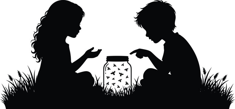 Black silhouette of a girl and boy sitting in the grass looking at a glass jar full of fireflies vector