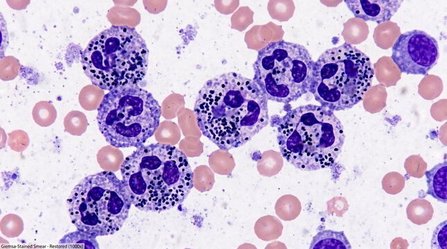 Microscopic view of blood cells neutrophils lymphocytes and red blood cells scientific laboratory research