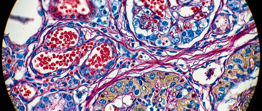 Microscopic view of cellular structures and capillaries scientific research medical imaging histology