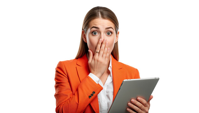 Shocked Young Businesswoman in Orange Blazer Holding Digital Tablet Expressing Amazement