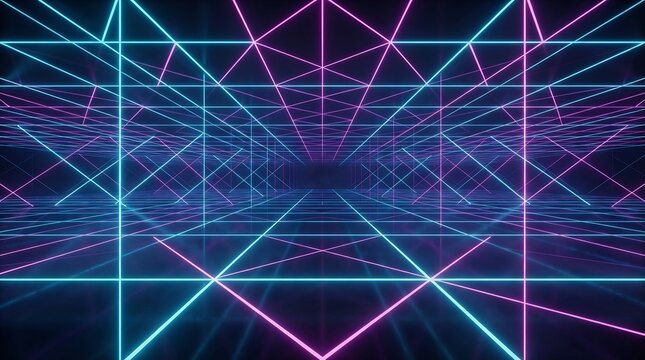 Glowing Neon Grid in Dark Virtual Space Pink and Blue