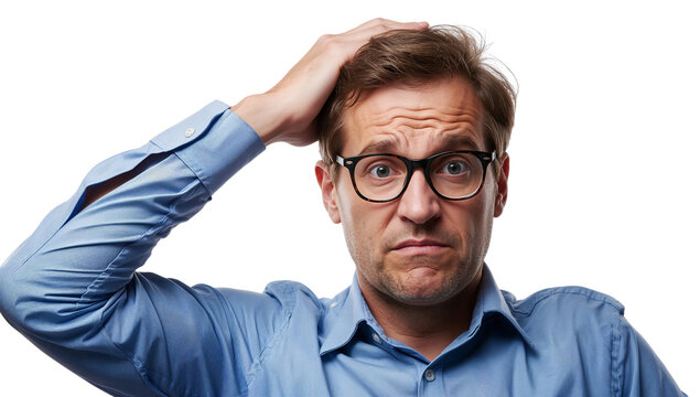 Confused Man with Glasses Scratching Head Looking Puzzled Isolated