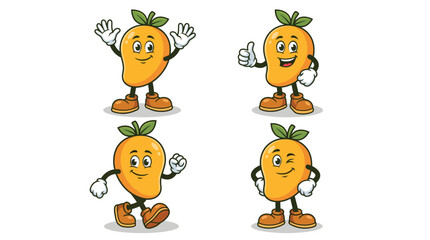 Obraz premium Cheerful mango mascot character collection featuring playful fruit characters in different poses, designed for food branding, packaging, advertising, stickers, and promotional graphics