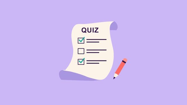 Quiz Checklist With Animated Checkmarks And Pencil On Curled Paper.  Flat Design Animation On A Purple Background With A Coral Transition and Copy space