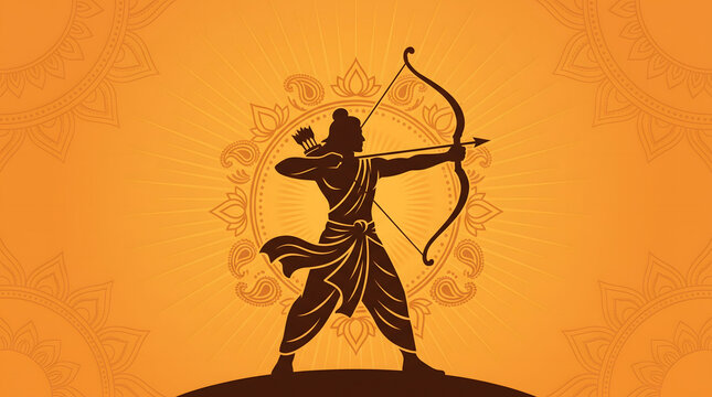 Elegant Dussehra festival illustration featuring a stylized archer silhouette with a traditional bow against a warm golden ornamental background inspired by Indian festive design