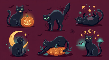 Fototapeta premium .Playful Halloween black cat illustration collection featuring cats with pumpkins, crescent moons, stars, bats, and festive seasonal elements in a bold vector style