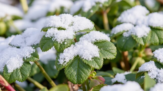 Close-up of fresh green garden leaves covered with sparkling white snow in sunlight, illustrating an unexpected spring snowfall and changing seasonal weather