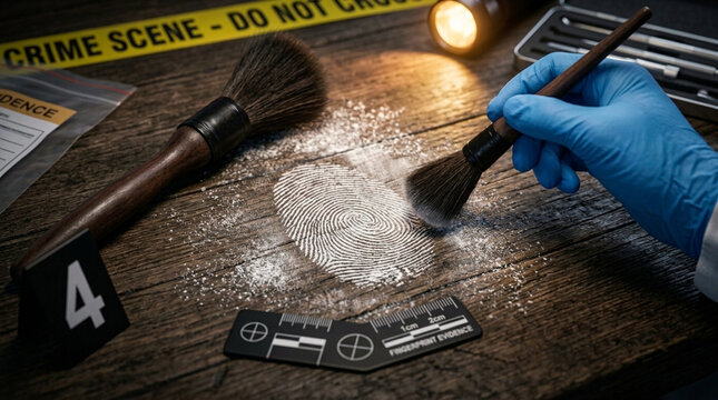 Forensics fingerprint dusting crime scene investigation evidence collection expert detective work police evidence tools