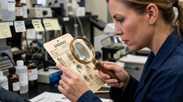 Forensic Scientist Examining Fingerprint Evidence with Magnifying Glass in Laboratory