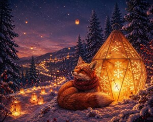 Fototapeta premium Cozy winter fox beside glowing lanterns beneath snowy pines