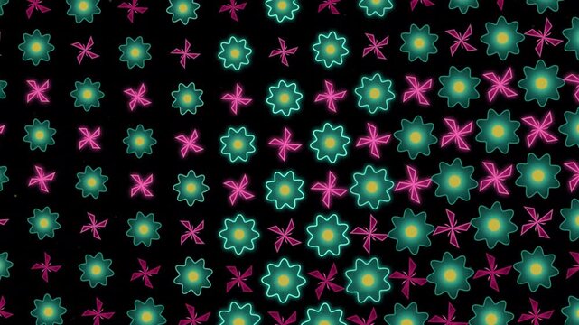 Neon starfish pattern repeats across a dark background