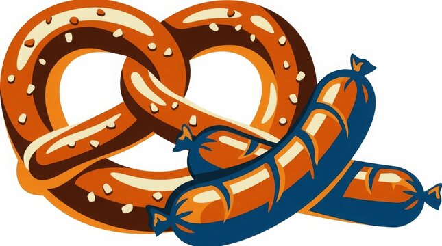 Food - Pretzel and sausages illustration on white background