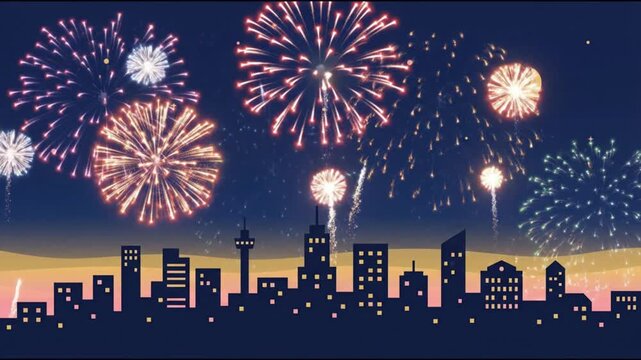 Colorful fireworks exploding over city skyline silhouette at night animation.