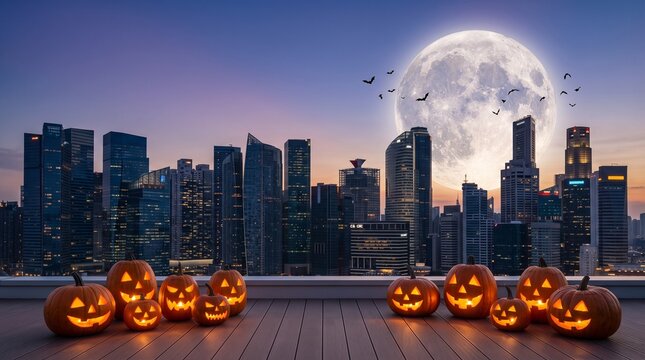 Spooky Halloween Pumpkins with Glowing Jack o Lantern Faces Set on a Rooftop Balcony Overlooking a Modern City Skyline at Full Moon Night