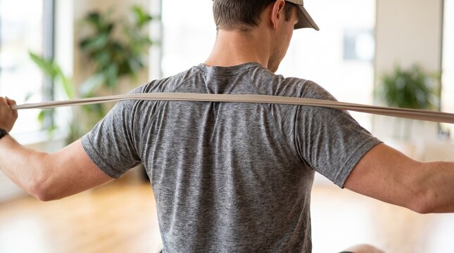 Man exercising with resistance band for shoulder mobility and strength