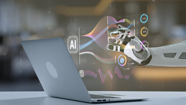 A futuristic scene featuring a robotic hand shaking hands with a human-like gesture, positioned next to a laptop, illustrating the intersection of technology and human interaction. Salient