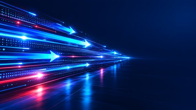 Abstract digital speed and data transfer concept with glowing blue and red light trails and arrows on dark background