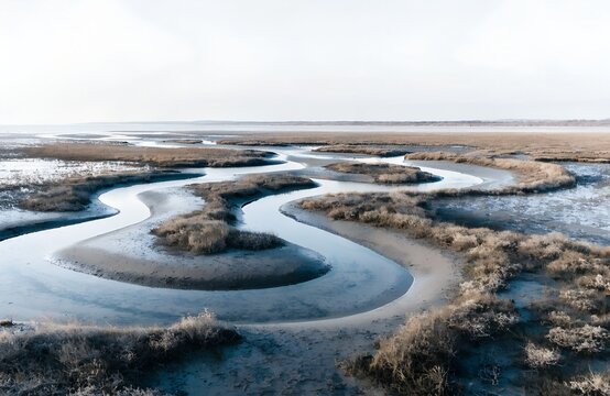 冬の干潟を蛇行して流れる複数の水路