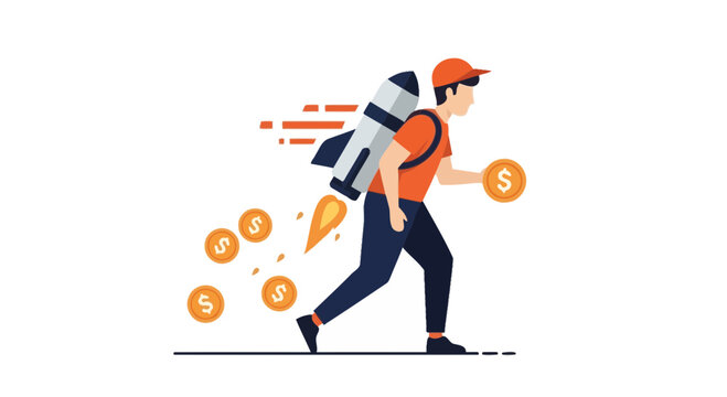 Business Growth and Startup Success Concept Illustration featuring a Man with a Rocket Backpack Running and Earning Dollar Coins