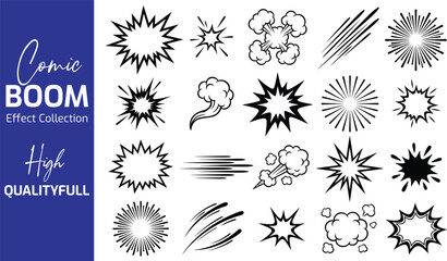 Comic explosion elements set with boom pow bang bursts smoke and speed lines black and white vector isolated on white © Silhouette Master
