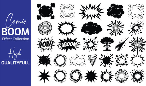 Comic explosion burst boom pow kaboom cloud cartoon impact shape black vector illustration icon collection design style graphic set
