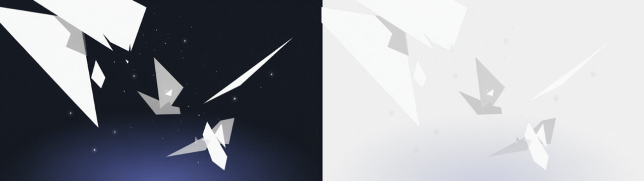 Abstract geometric shapes composition with floating shards and particles in dark and light split screen background design isolated on transparent background