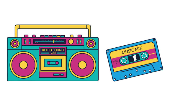 Isolated illustration of a colorful retro boombox radio cassette player and a music mix tape on a clean white background