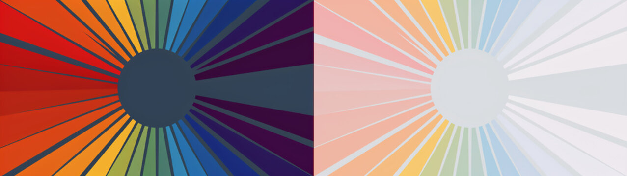 Abstract sunburst background with vibrant color spectrum on the left and soft pastel gradient on the right, split screen design isolated on transparent background