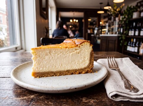 Classic New York Baked Cheesecake Slice on Rustic Cafe Wooden Table