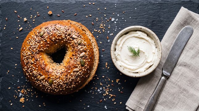 Artisanal Multi-Seed Wholewheat Bagel Flat Lay on Rustic Surface