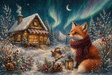 Fototapeta premium Fox beside snowy cabin beneath glowing aurora winter sky
