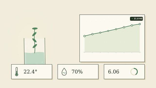 Hydroponic vertical farming animation with growing plant sprout in water tank, harvest yield chart and climate data on botanical paper background