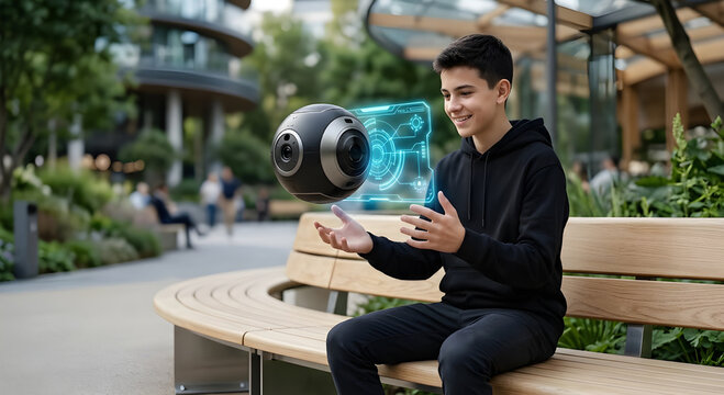 Conceptual futuristic stock photo of a happy teenage boy interacting with a floating spherical tech drone gadget casting a blue glowing hologram interface in a modern city park.