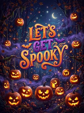 Glowing Halloween Typography Floating Among Illuminated Jack O Lanterns