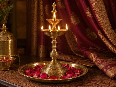 Tiered brass deepak oil lamp with flame on brass plate with rose petals