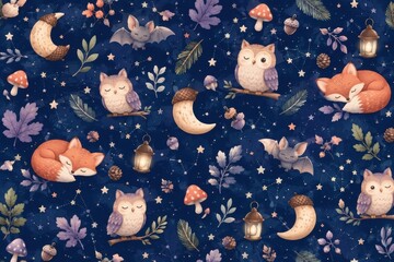 Fototapeta premium Whimsical woodland animals beneath moonlit starry night sky