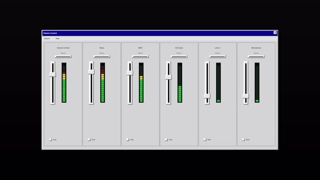 Audio mixing software interface with moving level sliders