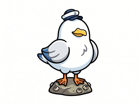 A cartoon seagull wearing a sailor hat stands on a rock against a white background.