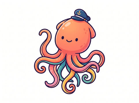 A cute cartoon octopus wearing a small navy captain hat stands against a white background.