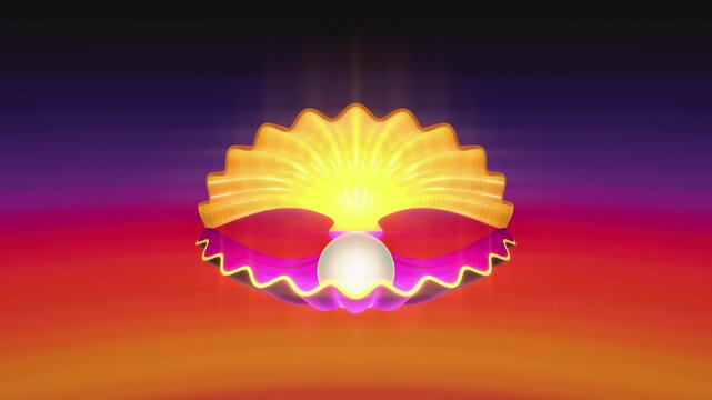 Glowing Clam Shell Opening to Reveal Pearl on Sunset Gradient