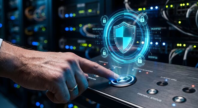 IT engineer pressing glowing server button with 3D security shield hologram for data protection.