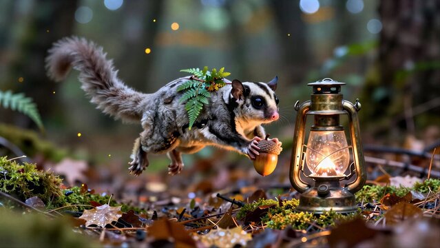 A flying squirrel holds an acorn near a glowing lantern in autumn forest.