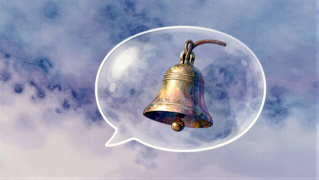 Golden bell floats inside speech bubble against dreamy, cloudy sky backdrop.